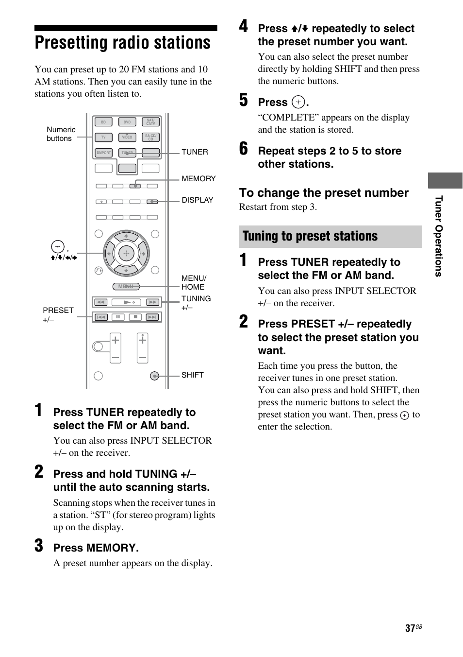 Presetting radio stations, Tuning to preset stations | Sony HTSS370 User Manual | Page 37 / 76