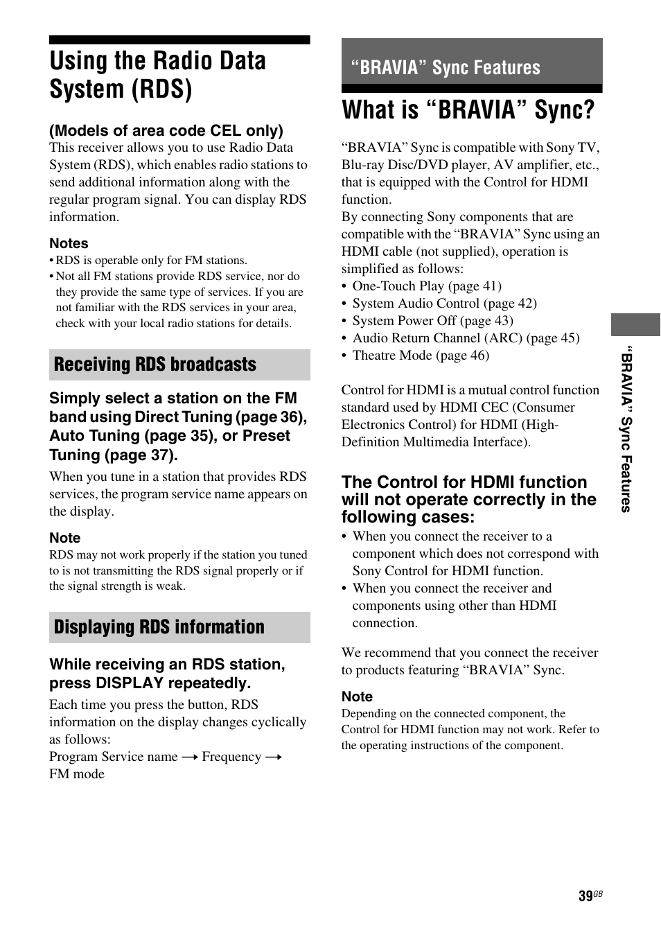 Using the radio data system (rds), Bravia” sync features, What is “bravia” sync | Models of area code cel only) | Sony HTSS370 User Manual | Page 39 / 76