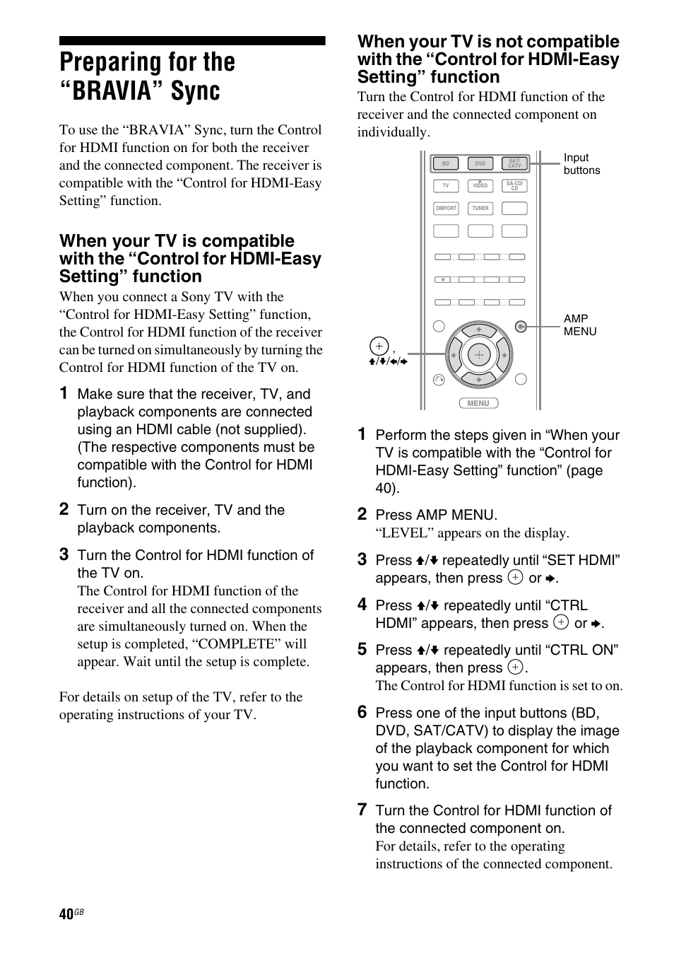 Preparing for the “bravia” sync | Sony HTSS370 User Manual | Page 40 / 76
