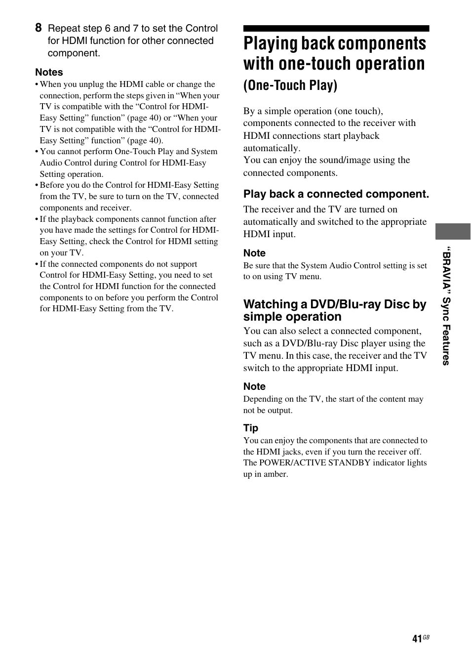 Playing back components with one-touch, Operation (one-touch play), Playing back components with one-touch operation | One-touch play) | Sony HTSS370 User Manual | Page 41 / 76