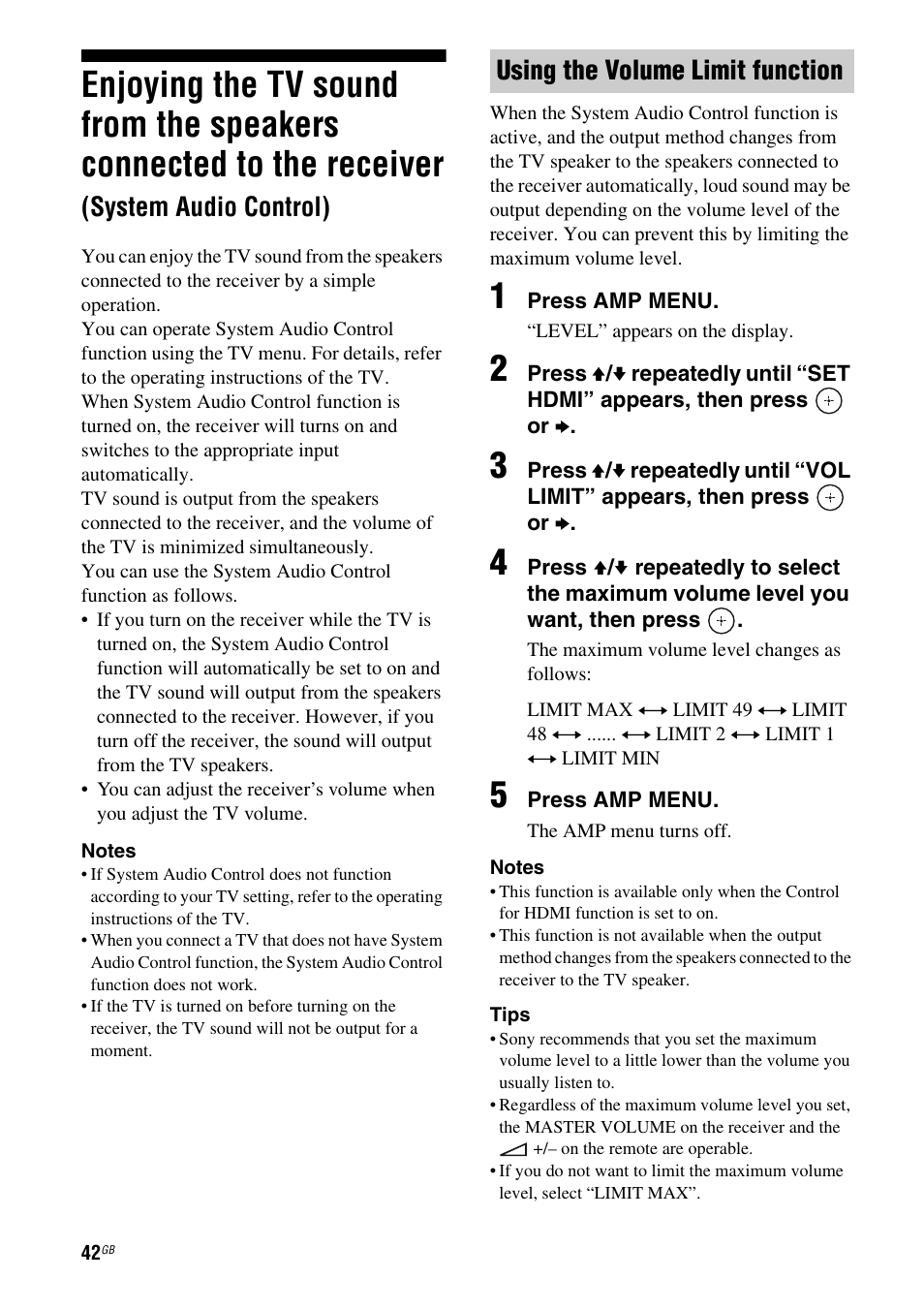 Enjoying the tv sound from the speakers, Connected to the receiver, System audio control) | Using the volume limit function | Sony HTSS370 User Manual | Page 42 / 76