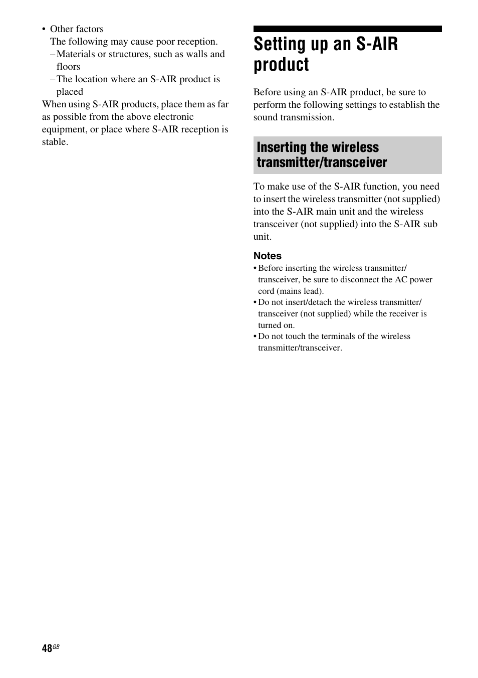 Setting up an s-air product, Inserting the wireless transmitter/transceiver | Sony HTSS370 User Manual | Page 48 / 76