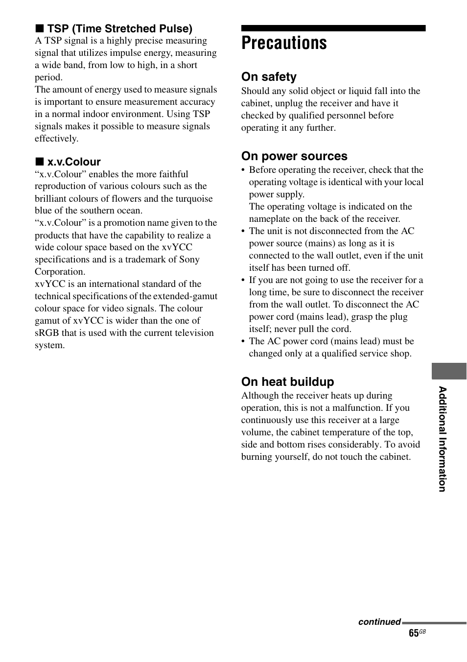 Precautions | Sony HTSS370 User Manual | Page 65 / 76