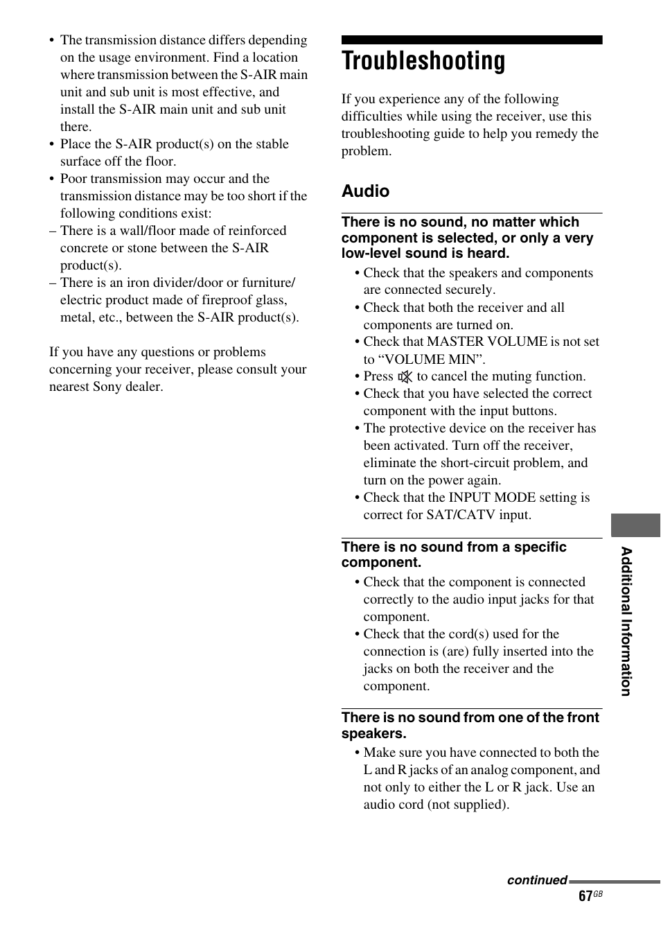 Troubleshooting | Sony HTSS370 User Manual | Page 67 / 76
