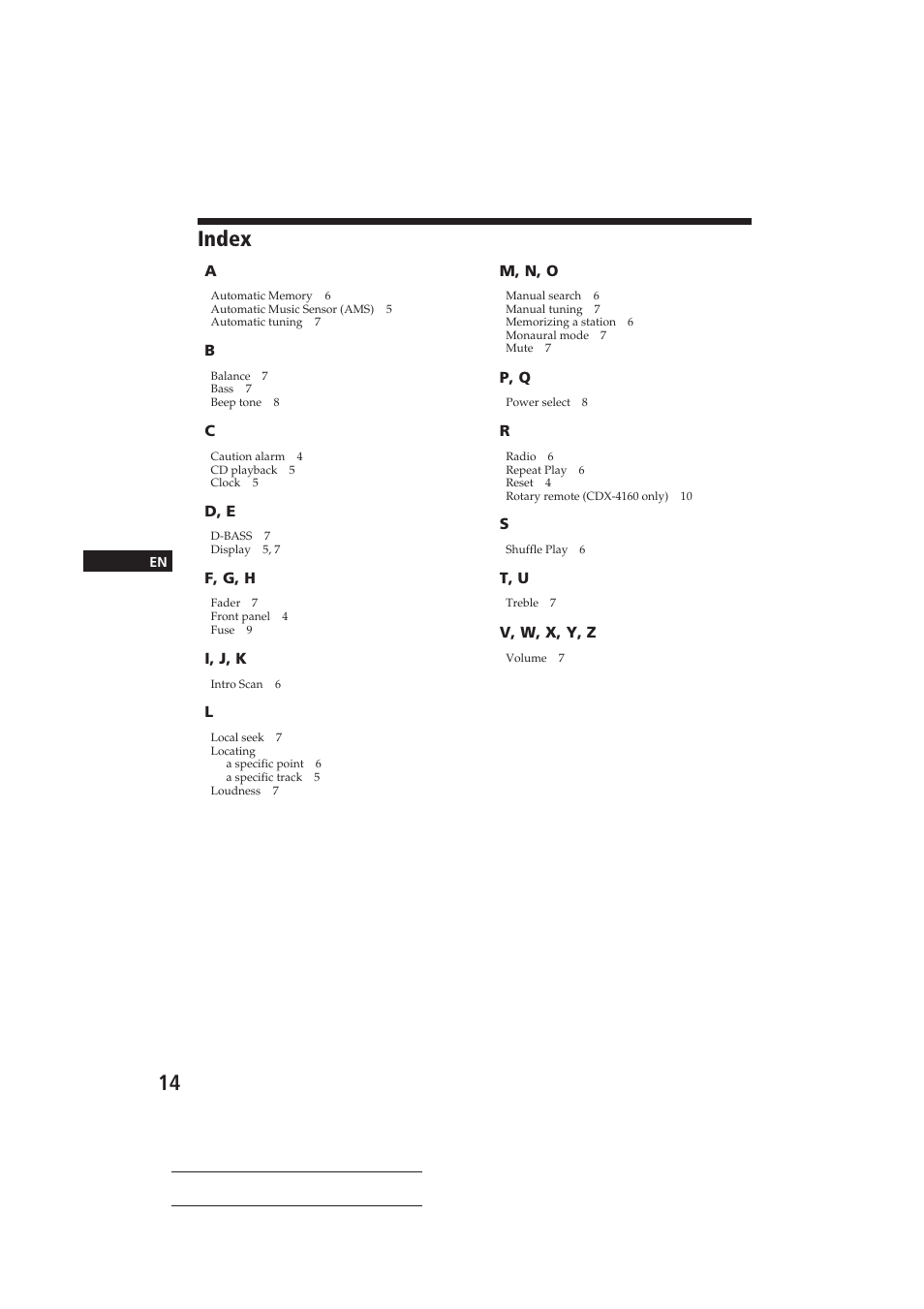 Index | Sony CDX-416 User Manual | Page 14 / 15