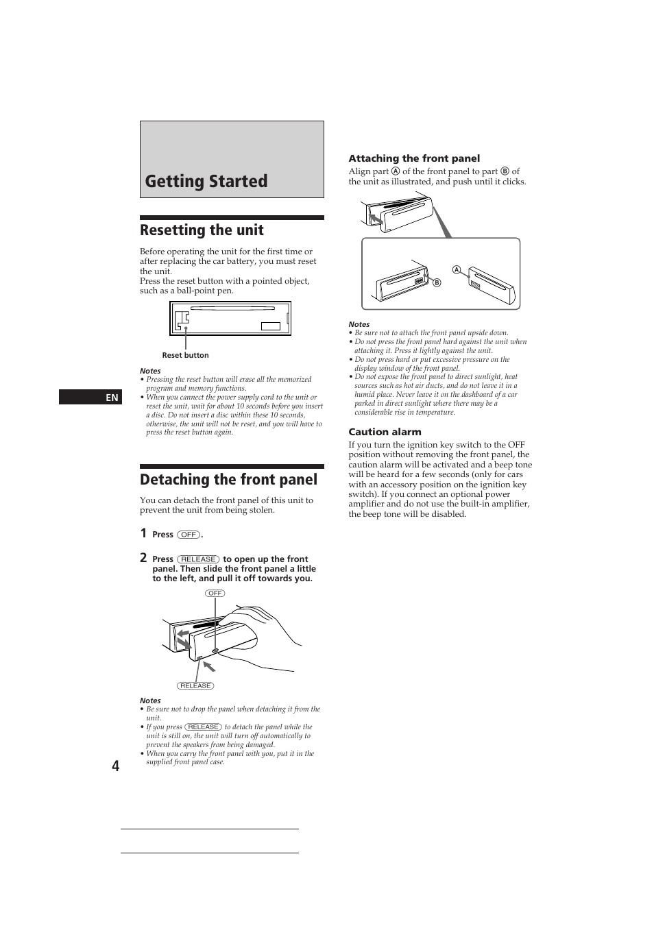 Getting started, Resetting the unit, Detaching the front panel | Sony CDX-416 User Manual | Page 4 / 15