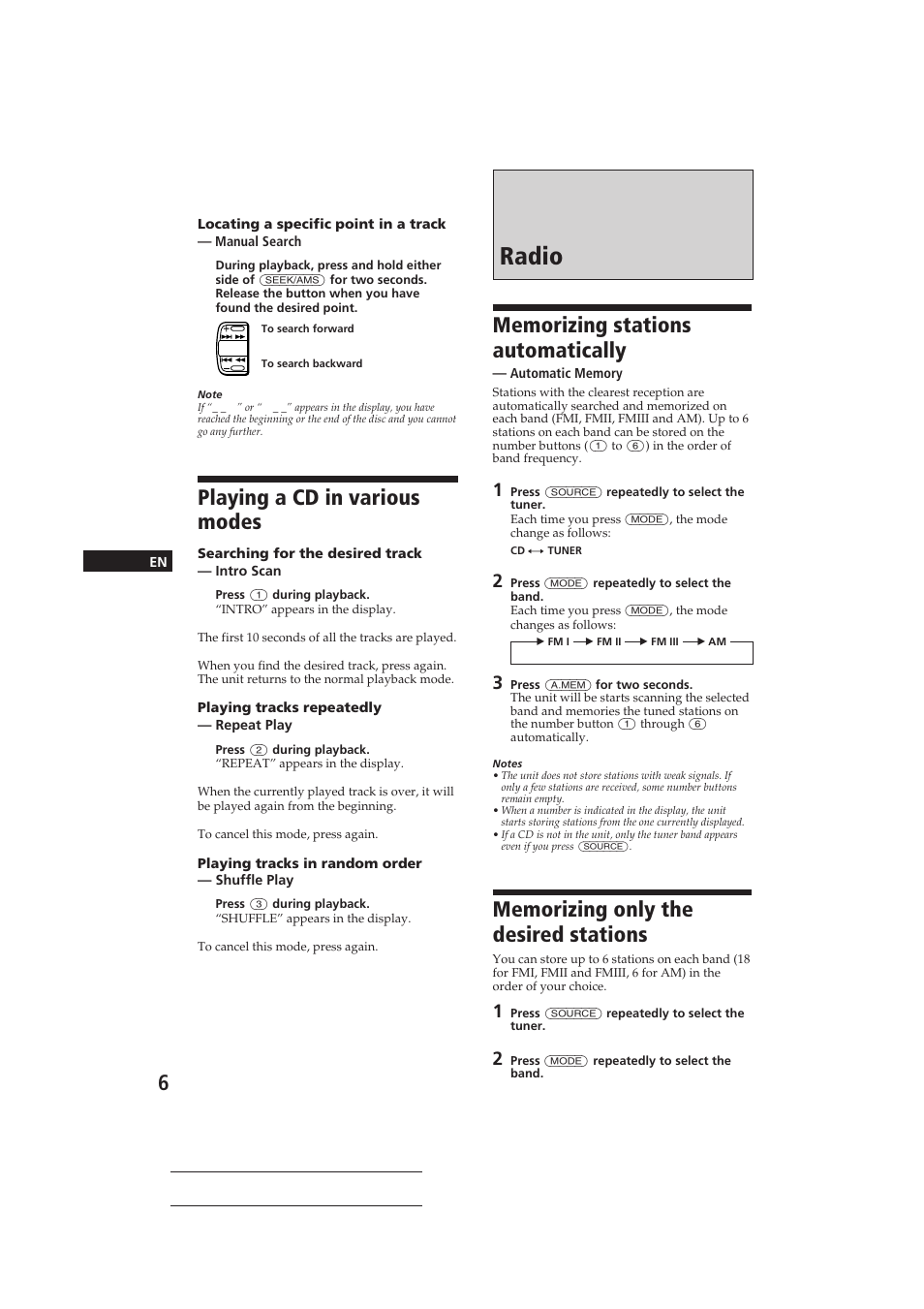 Radio, Playing a cd in various modes | Sony CDX-416 User Manual | Page 6 / 15