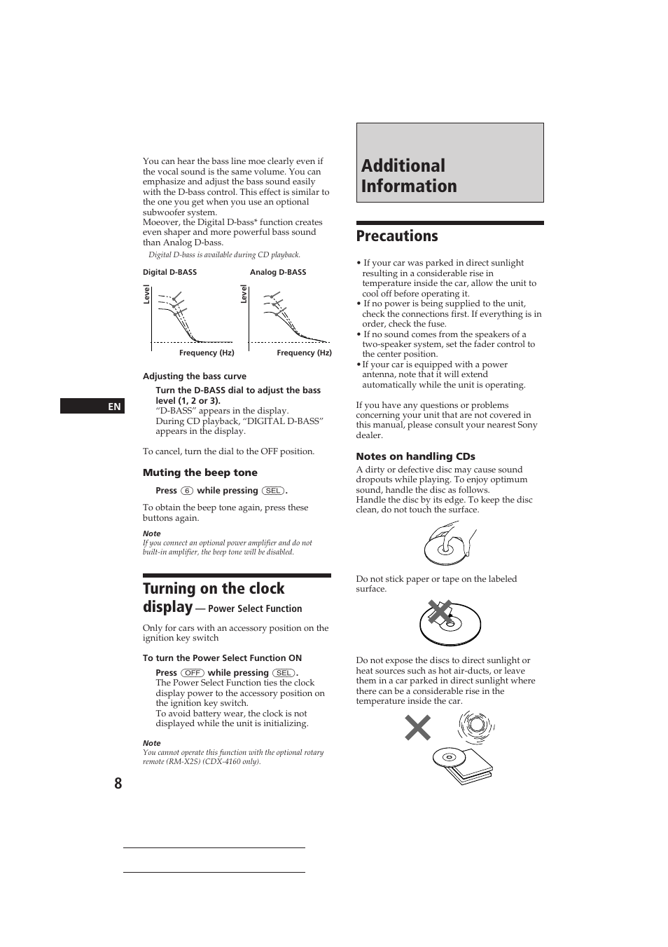 Additional information, Precautions, Turning on the clock display | Sony CDX-416 User Manual | Page 8 / 15