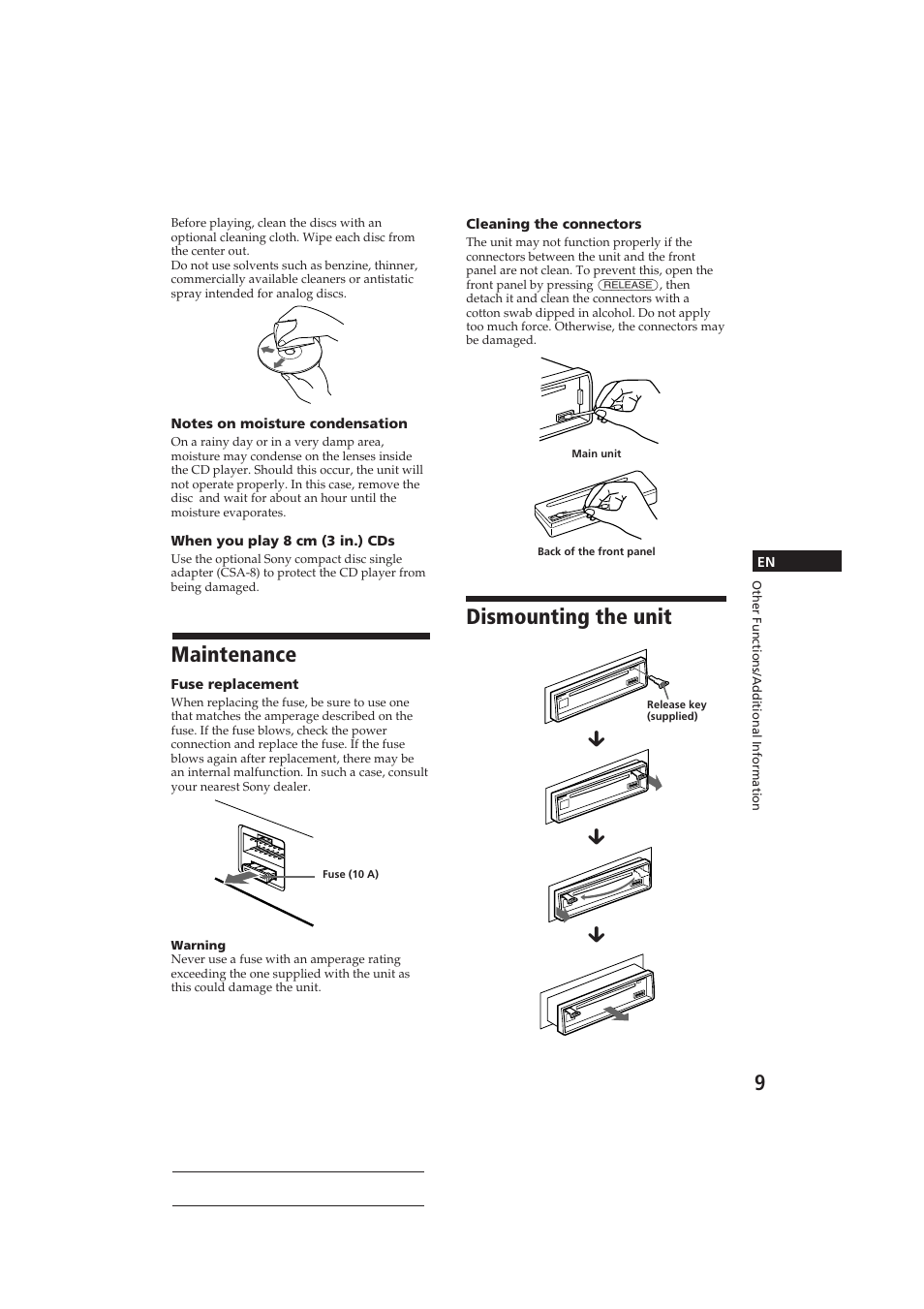 Dismounting the unit, Maintenance | Sony CDX-416 User Manual | Page 9 / 15