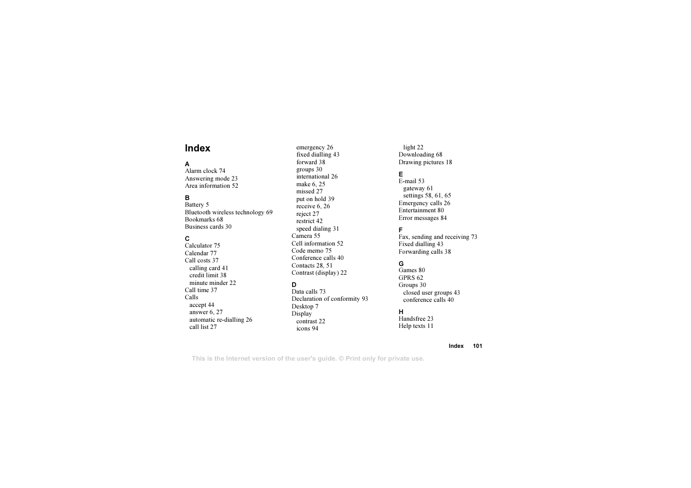 Index, Index 101 | Sony T630 User Manual | Page 101 / 103