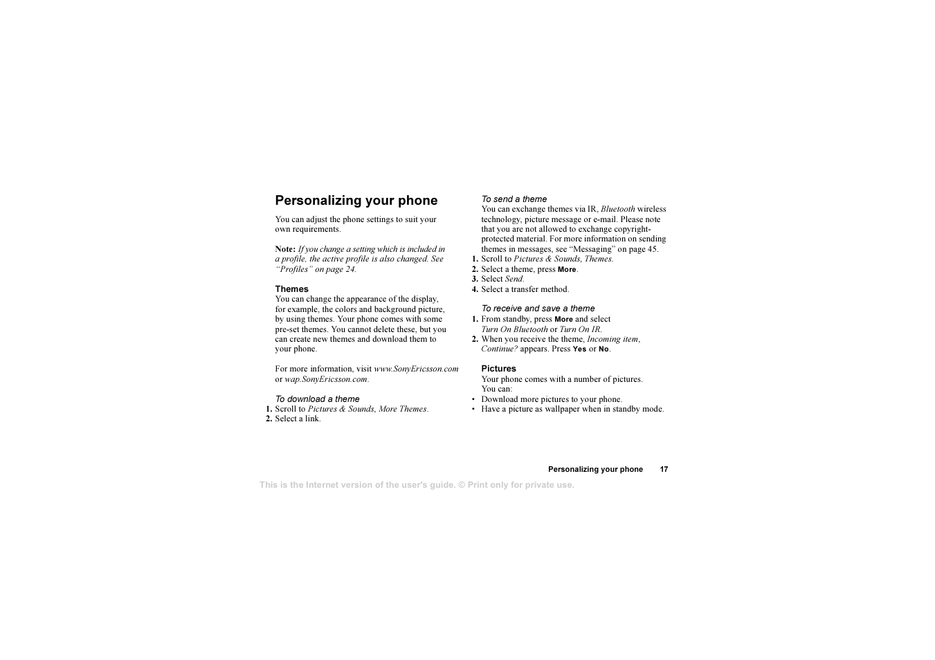 Personalizing your phone, Personalizing your phone 17 | Sony T630 User Manual | Page 17 / 103