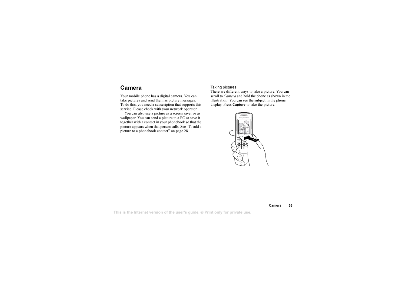 Camera, Camera 55 | Sony T630 User Manual | Page 55 / 103