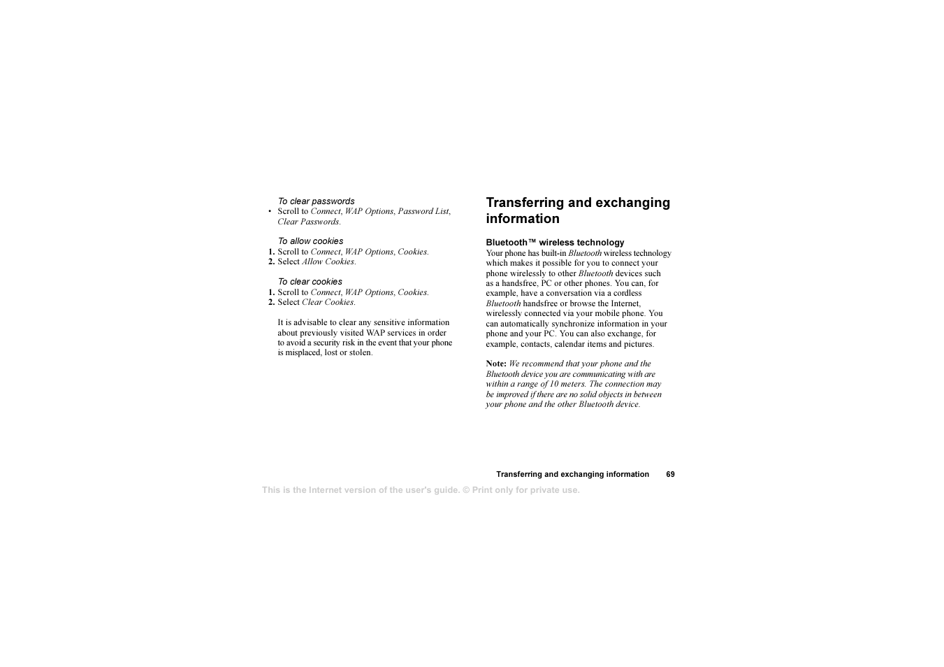 Transferring and exchanging information, Transferring and exchanging information 69 | Sony T630 User Manual | Page 69 / 103