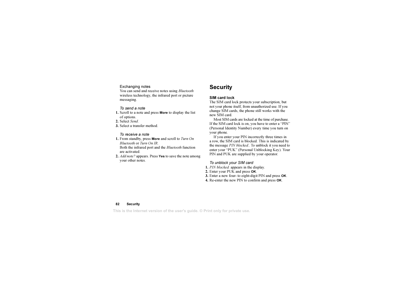 Security, Security 82 | Sony T630 User Manual | Page 82 / 103