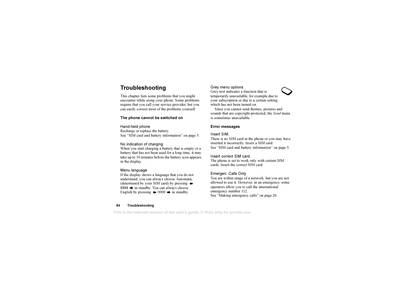 Troubleshooting, Troubleshooting 84 | Sony T630 User Manual | Page 84 / 103