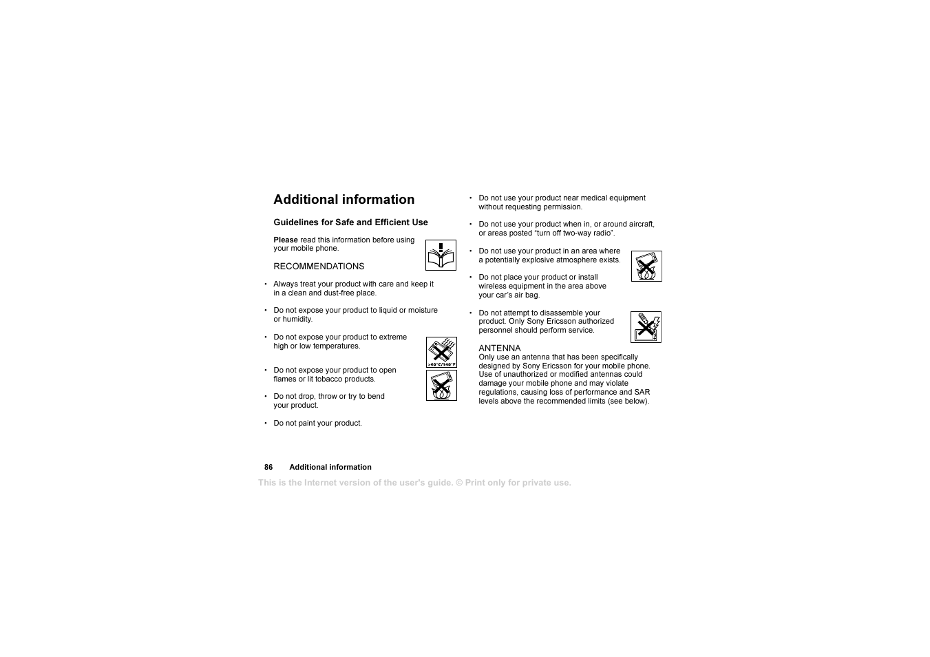 Additional information, Additional information 86 | Sony T630 User Manual | Page 86 / 103