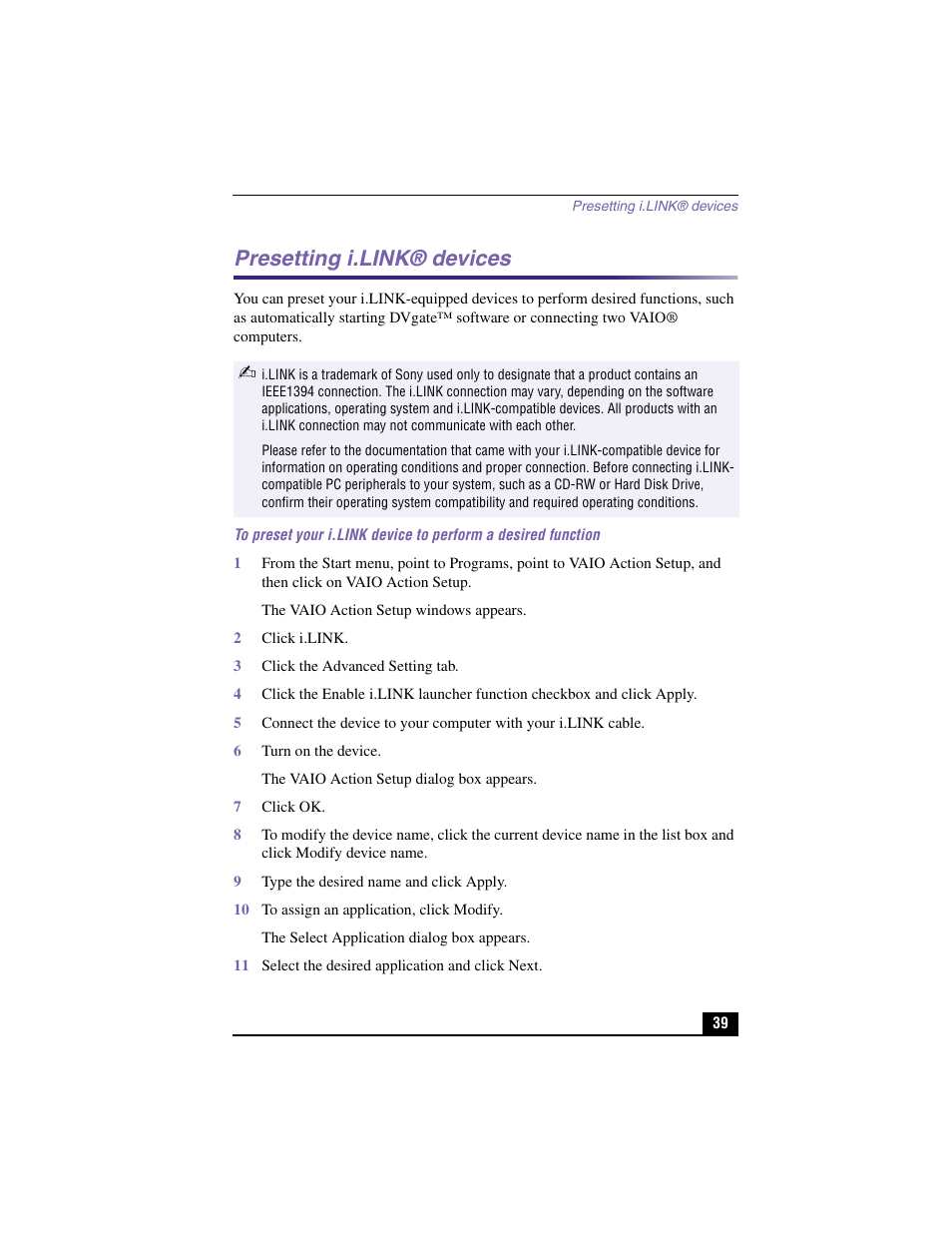 Presetting i.link® devices | Sony PCV-LX900 User Manual | Page 39 / 116