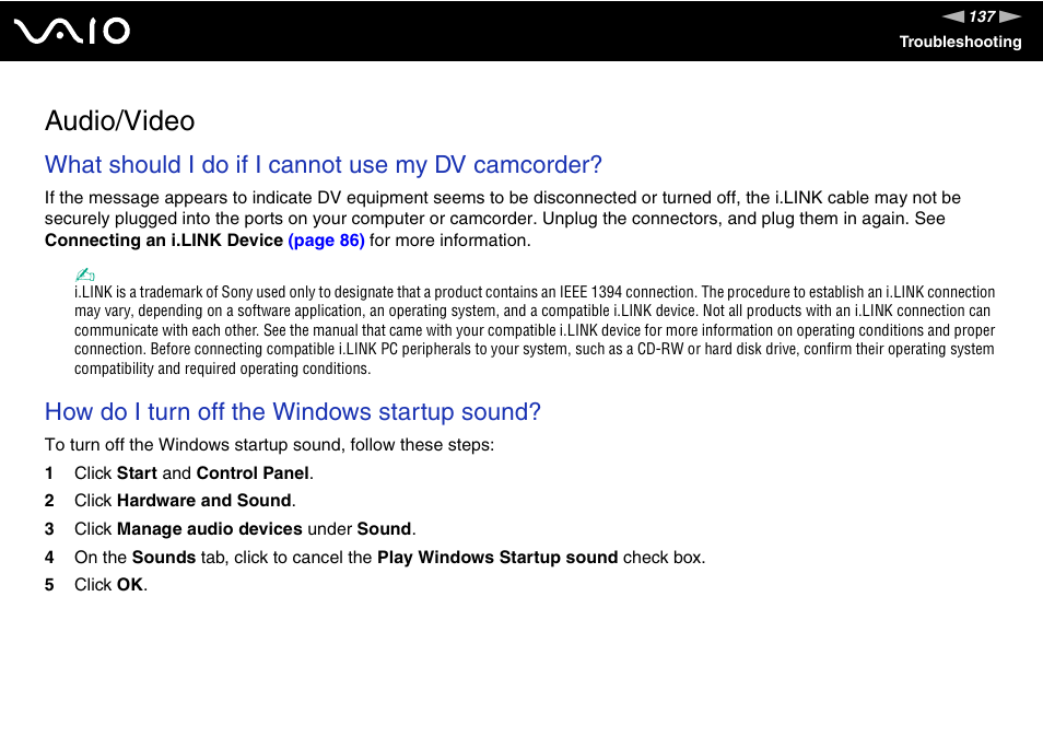 Audio/video, What should i do if i cannot use my dv camcorder, How do i turn off the windows startup sound | Sony VGX-TP1 User Manual | Page 137 / 154
