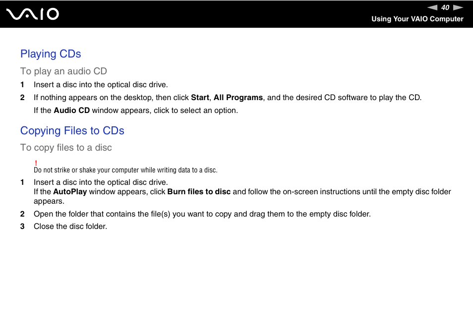 Playing cds, Copying files to cds | Sony VGX-TP1 User Manual | Page 40 / 154