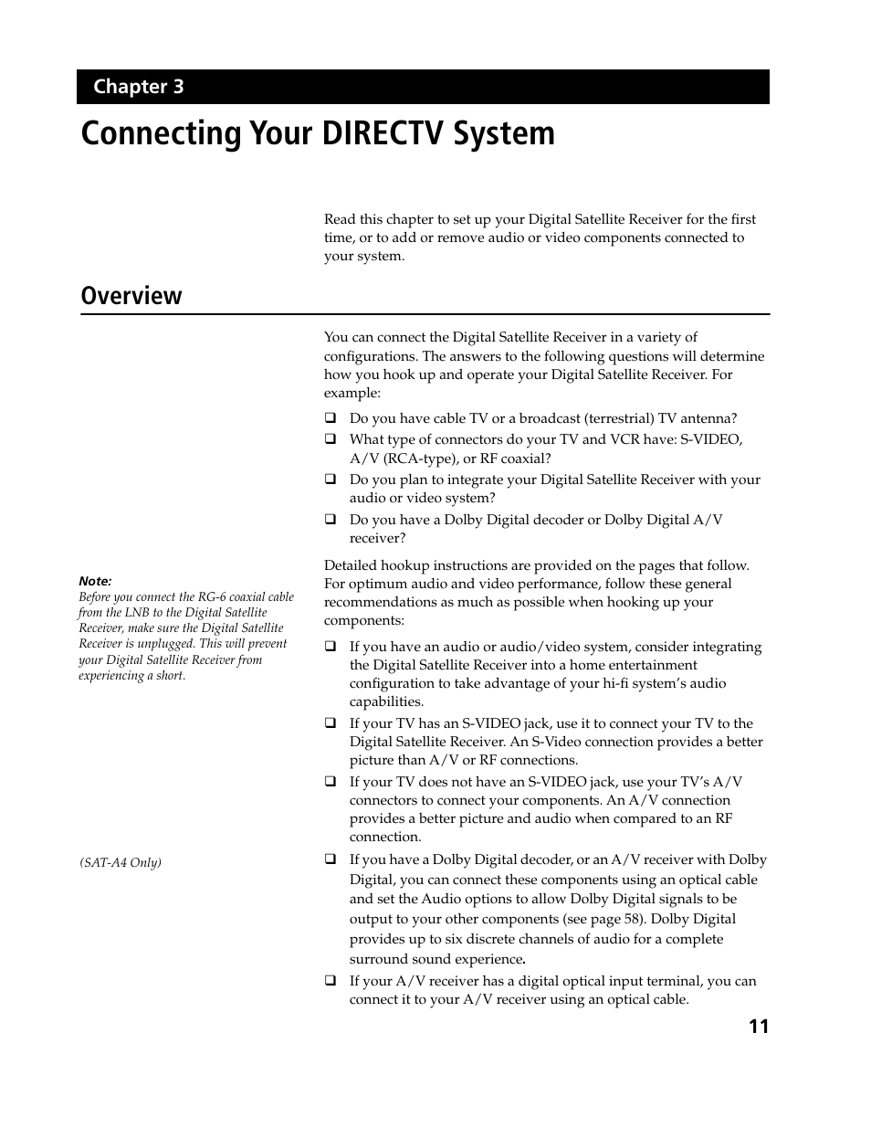 Connecting your directv system, Overview, 11 chapter 3 | Sony SAT-B3 User Manual | Page 11 / 96