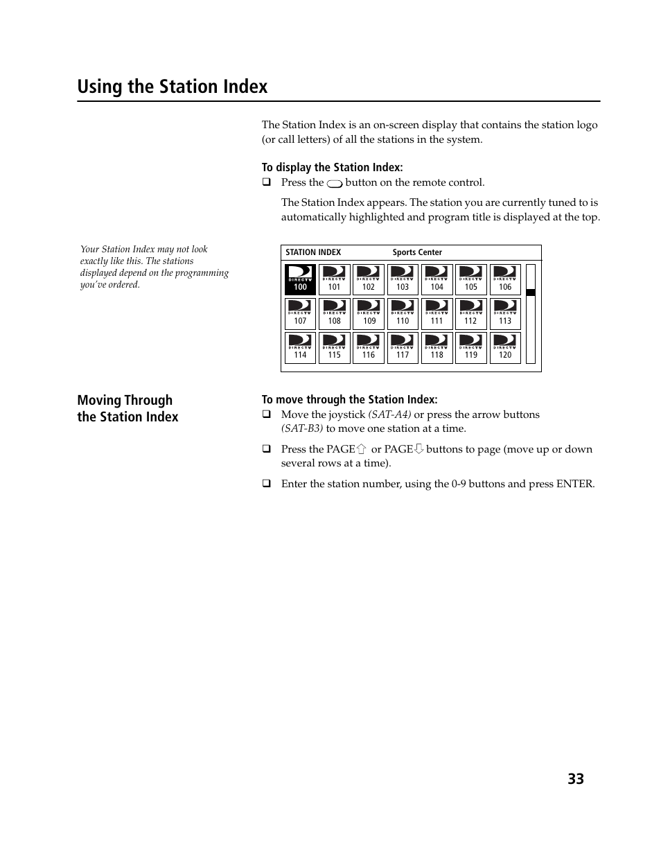 Using the station index, Moving through the station index | Sony SAT-B3 User Manual | Page 33 / 96