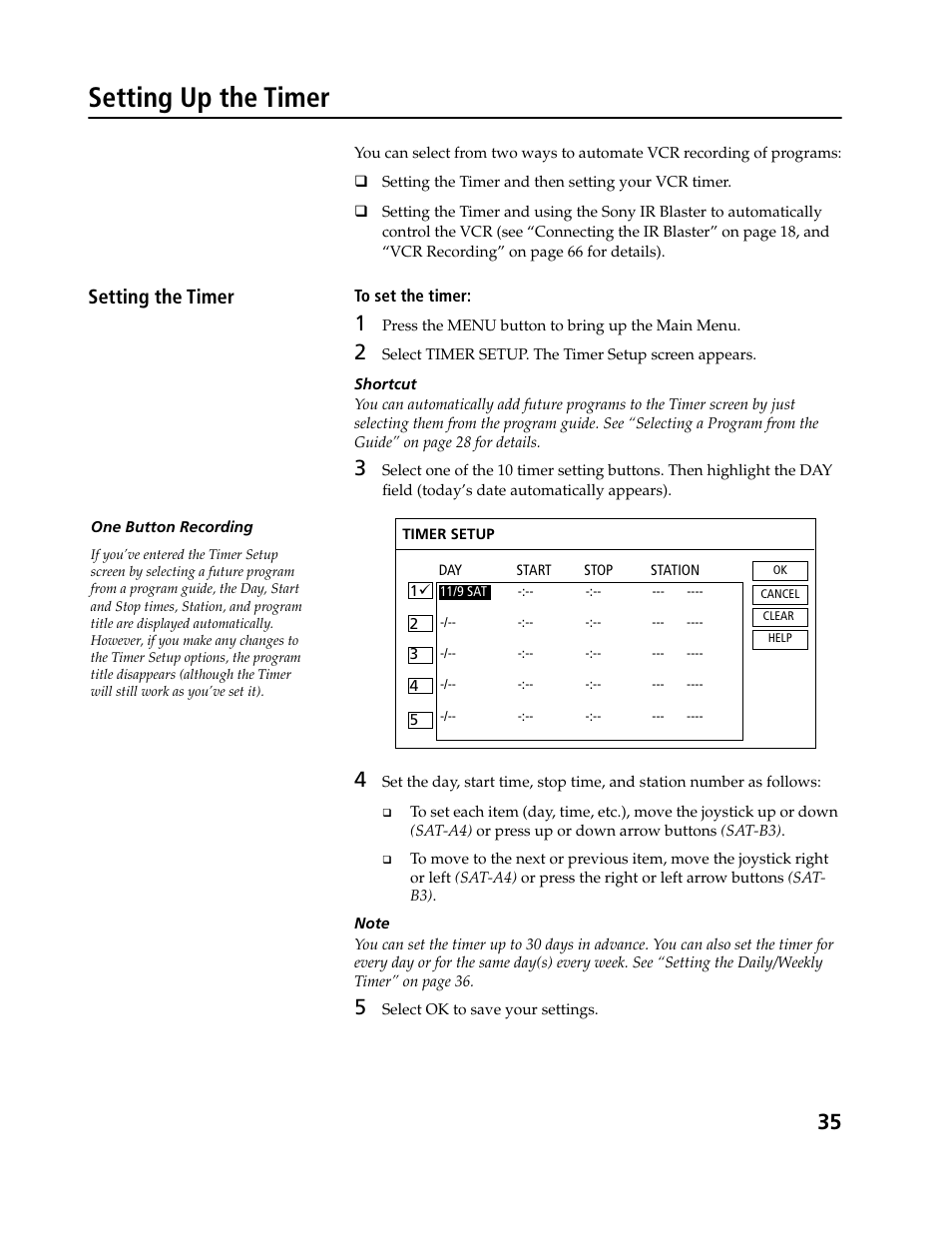 Setting up the timer, Setting the timer | Sony SAT-B3 User Manual | Page 35 / 96