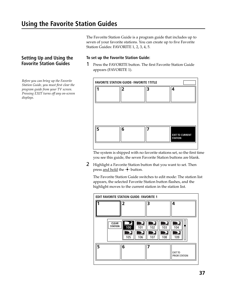 Using the favorite station guides, Setting up and using the favorite station guides | Sony SAT-B3 User Manual | Page 37 / 96