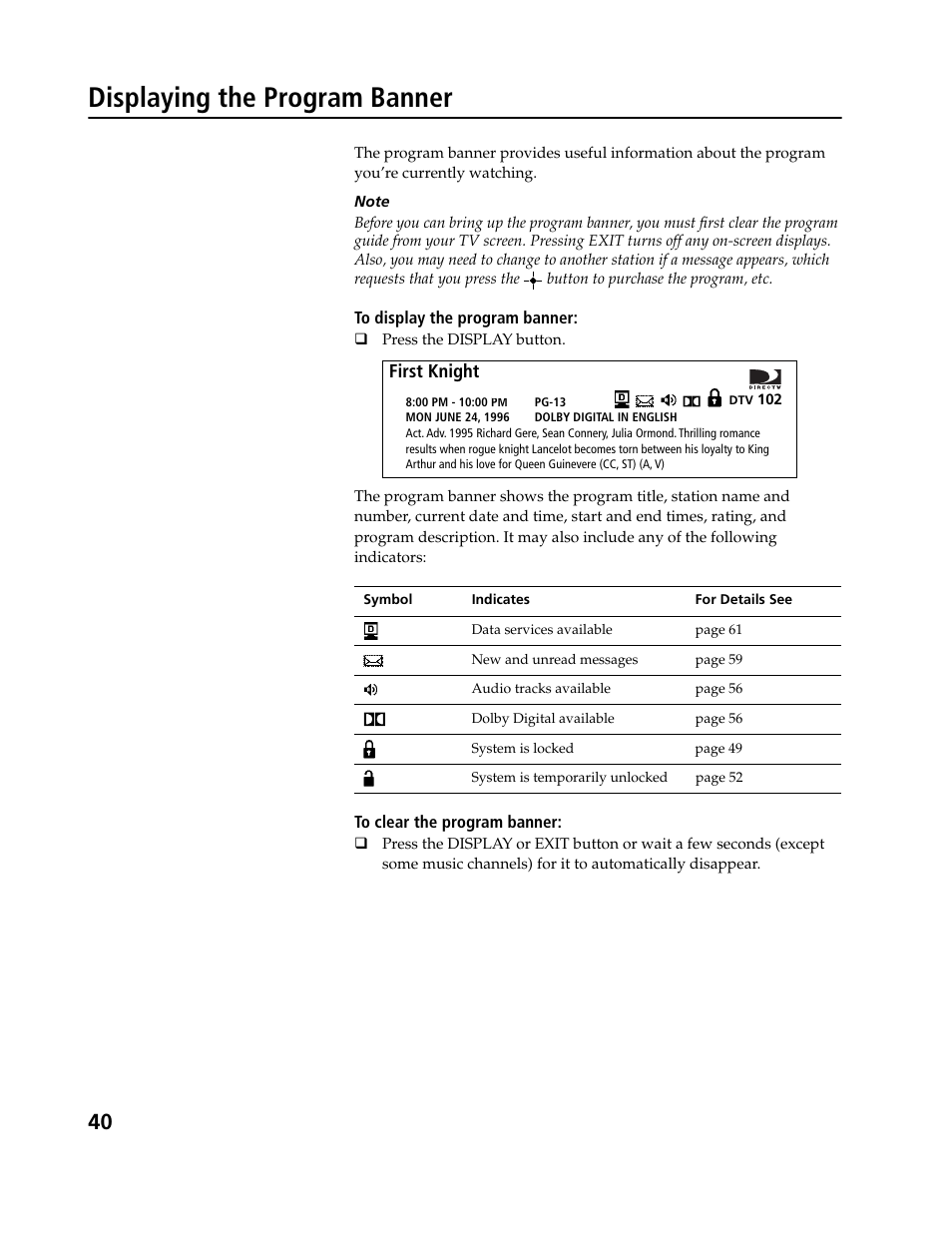 Displaying the program banner | Sony SAT-B3 User Manual | Page 40 / 96