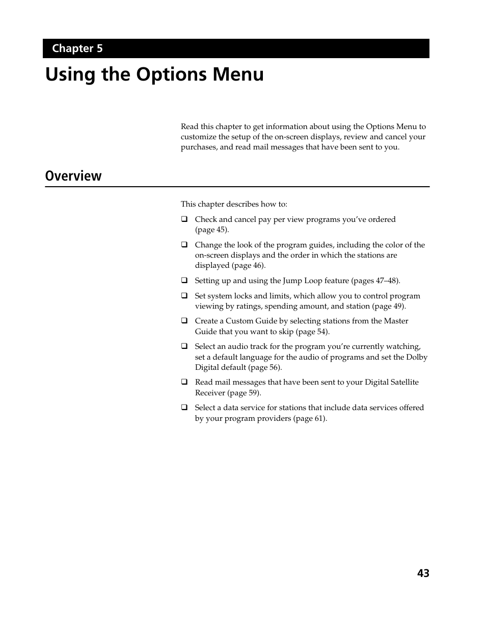 Using the options menu, Overview, 43 chapter 5 | Sony SAT-B3 User Manual | Page 43 / 96