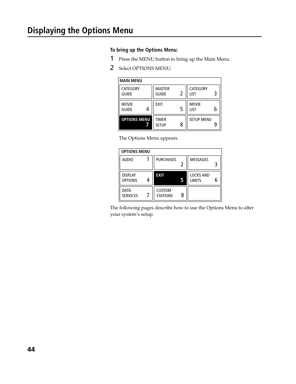 Displaying the options menu | Sony SAT-B3 User Manual | Page 44 / 96