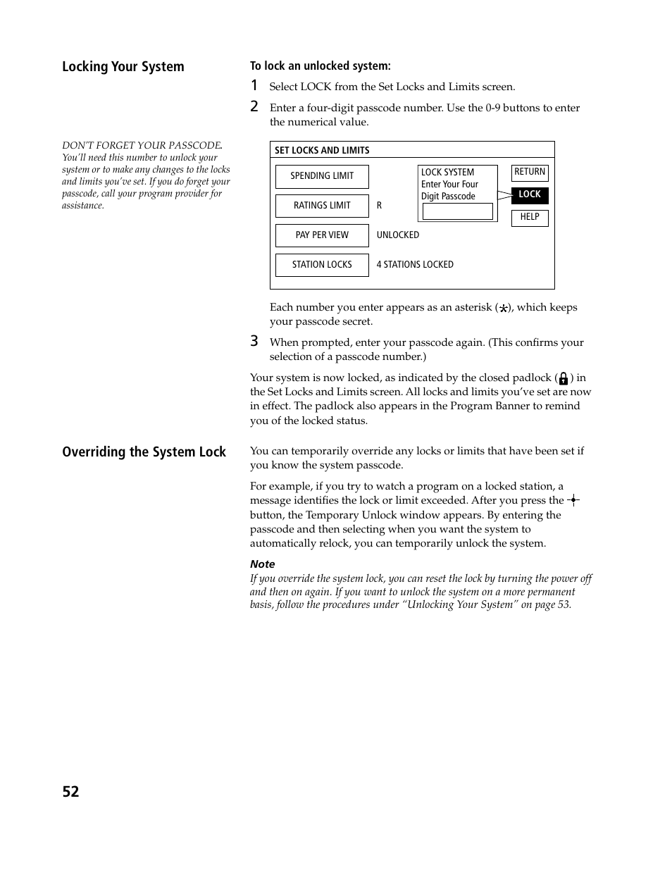 Locking your system, Overriding the system lock | Sony SAT-B3 User Manual | Page 52 / 96