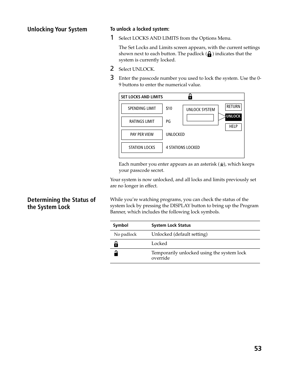 Unlocking your system, Determining the status of the system lock | Sony SAT-B3 User Manual | Page 53 / 96