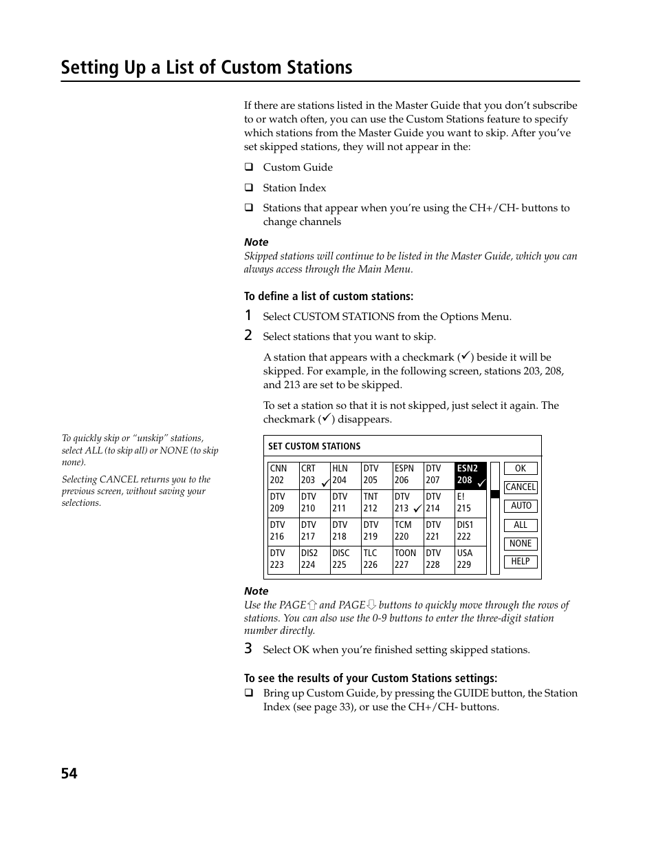 Setting up a list of custom stations | Sony SAT-B3 User Manual | Page 54 / 96