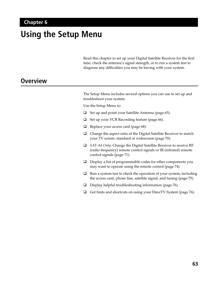 Using the setup menu, Overview, 63 chapter 6 | Sony SAT-B3 User Manual | Page 63 / 96