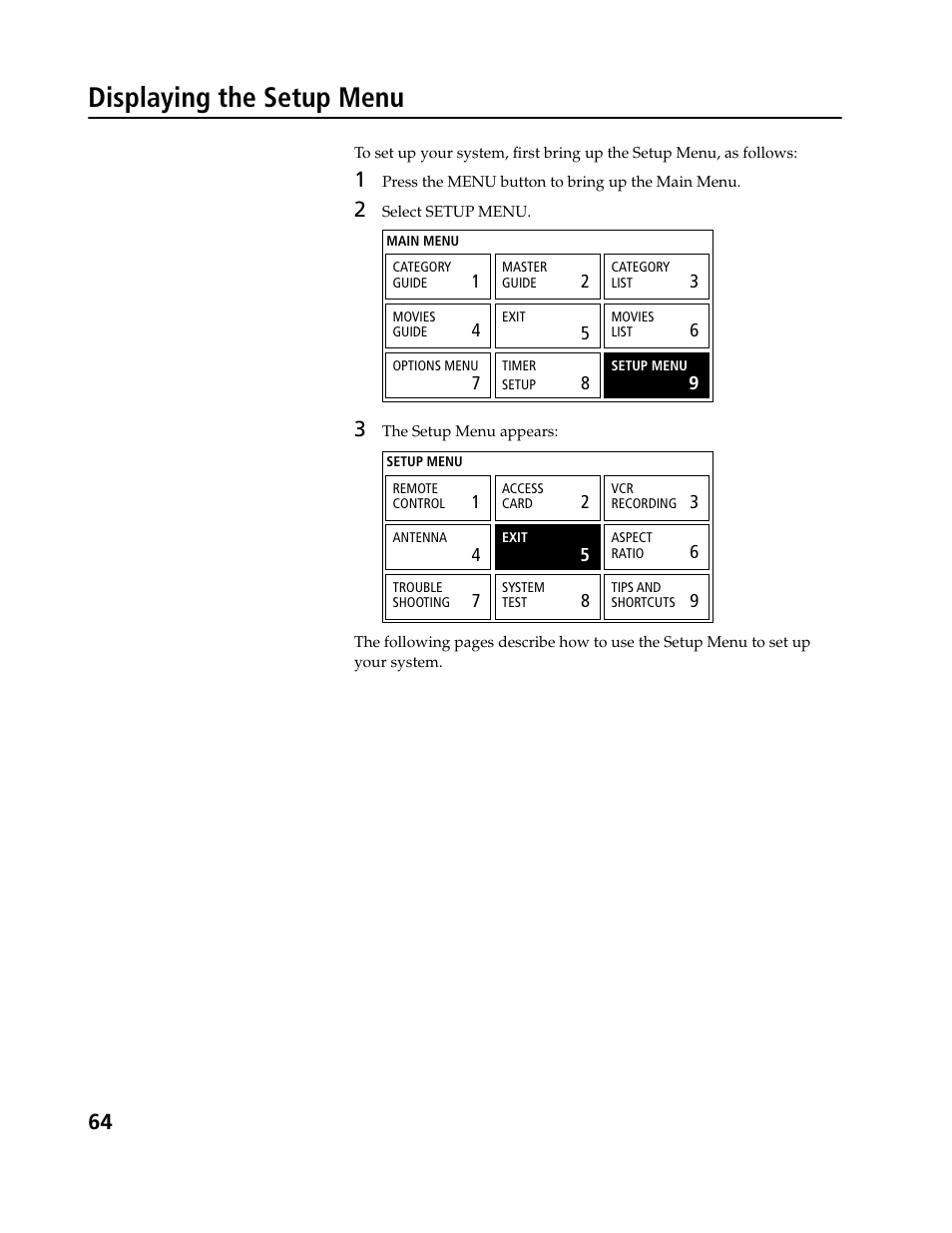 Displaying the setup menu | Sony SAT-B3 User Manual | Page 64 / 96