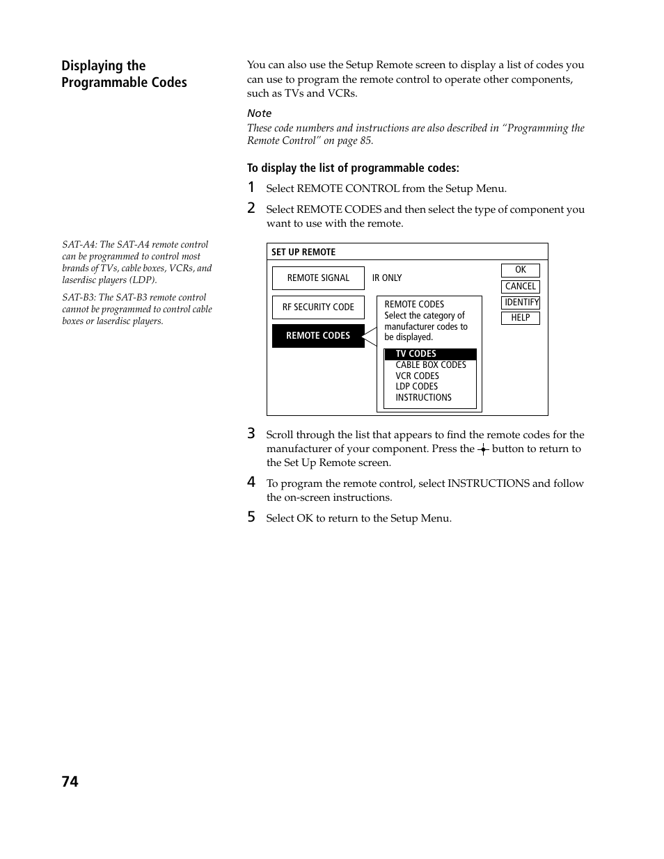 Displaying the programmable codes | Sony SAT-B3 User Manual | Page 74 / 96