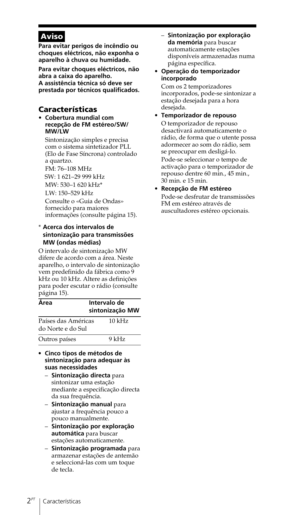 Aviso, Características | Sony ICF-SW7600GR User Manual | Page 202 / 242