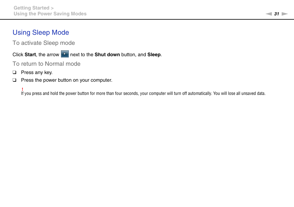 Using sleep mode | Sony VAIO VPCY21 SERIES User Manual | Page 31 / 157