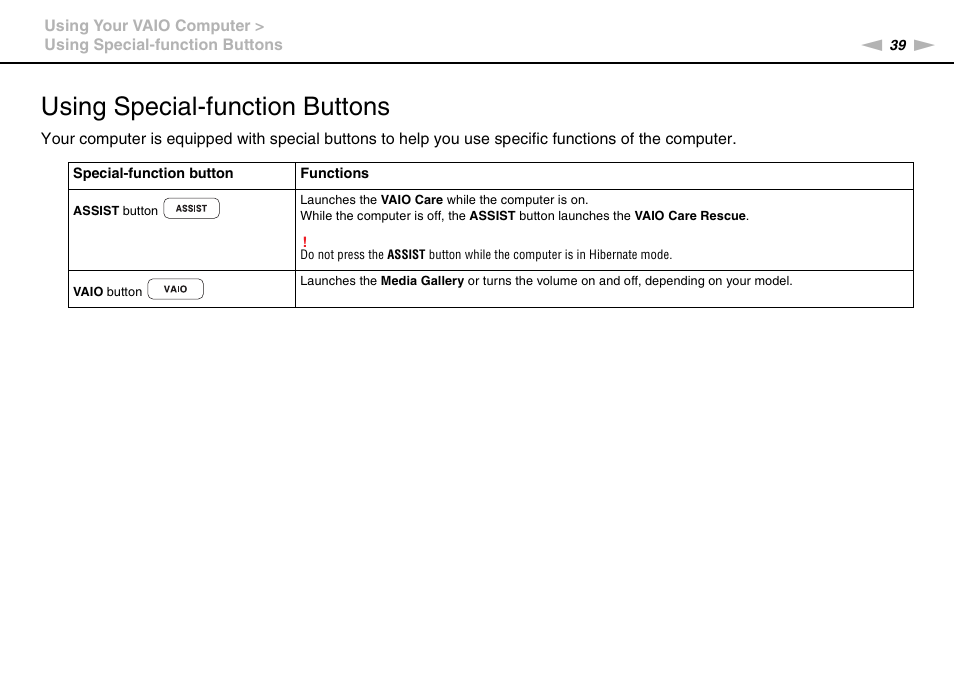Using special-function buttons | Sony VAIO VPCY21 SERIES User Manual | Page 39 / 157