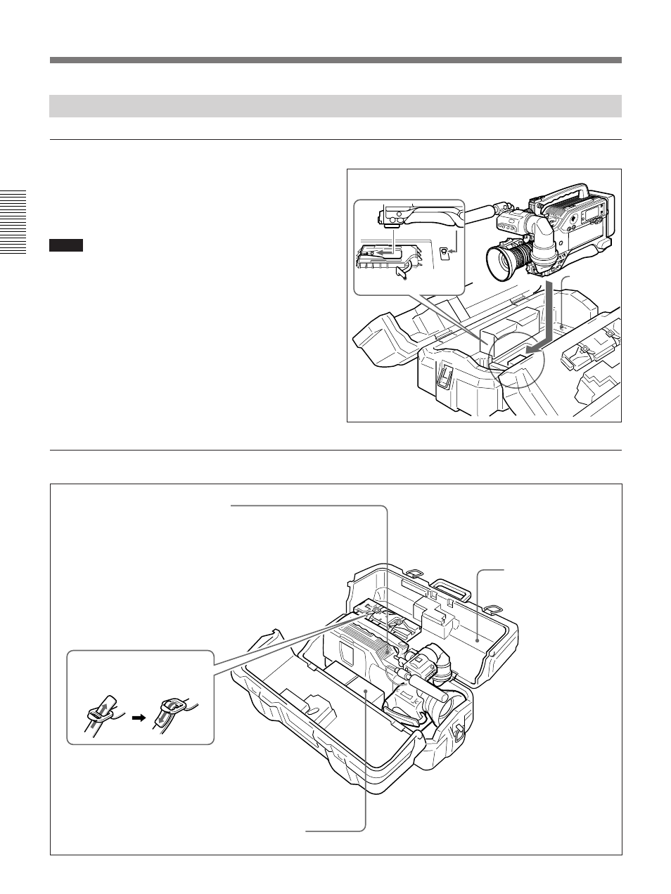 Using accessories using the lc-421 carrying case, Stowing the camcorder, Example of fully-stowed carrying case | Sony 300PF User Manual | Page 42 / 124
