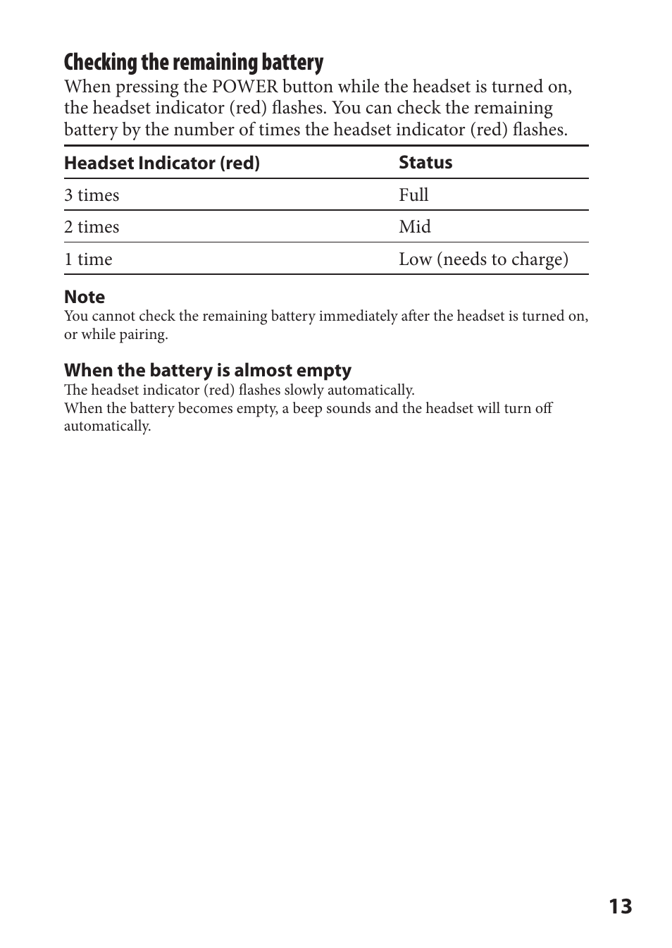 Checking the remaining battery | Sony DR-BT21iK User Manual | Page 13 / 44