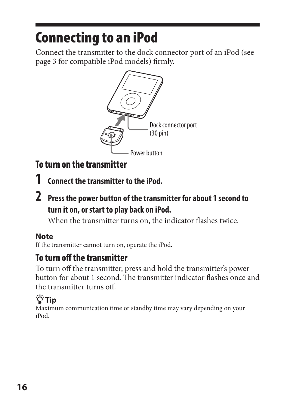 Connecting to an ipod | Sony DR-BT21iK User Manual | Page 16 / 44