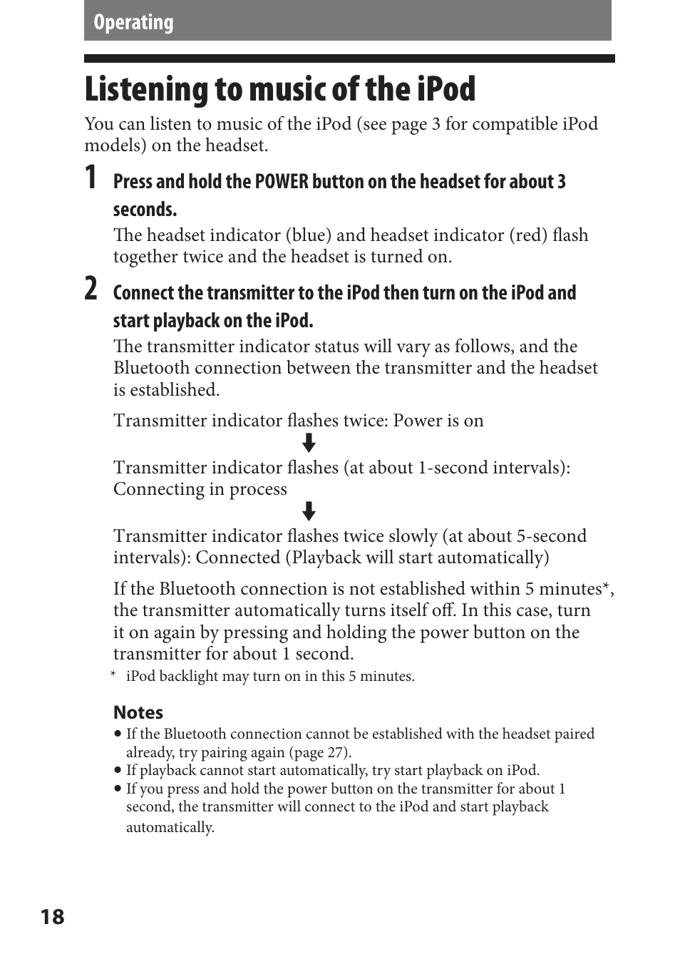 Operating, Listening to music of the ipod, Listening to music of the | Ipod | Sony DR-BT21iK User Manual | Page 18 / 44