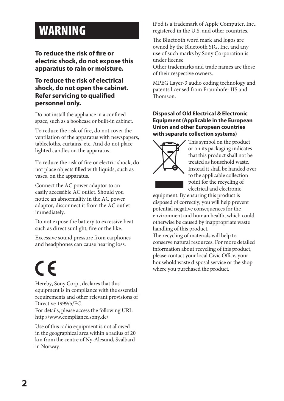 Warning | Sony DR-BT21iK User Manual | Page 2 / 44