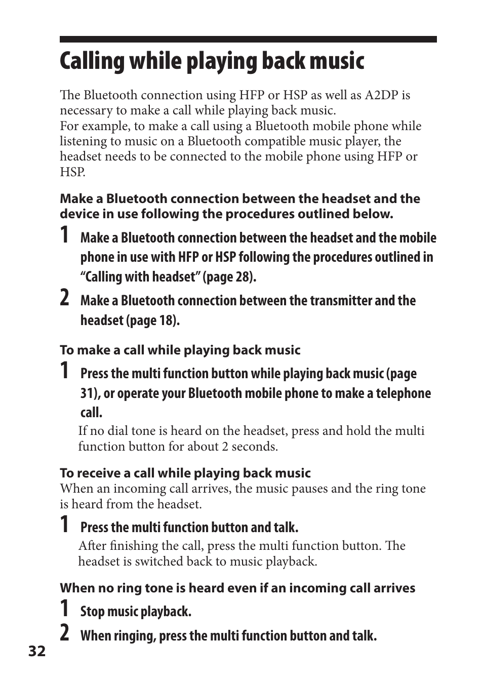 Calling while playing back music, Calling while playing back, Music | Sony DR-BT21iK User Manual | Page 32 / 44
