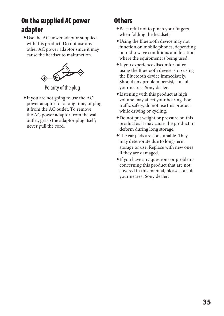 On the supplied ac power adaptor, Others, Polarity of the plug | Sony DR-BT21iK User Manual | Page 35 / 44
