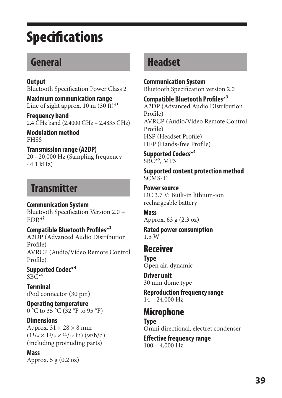Specifications, General, Transmitter | Headset, General transmitter headset, Receiver, Microphone | Sony DR-BT21iK User Manual | Page 39 / 44