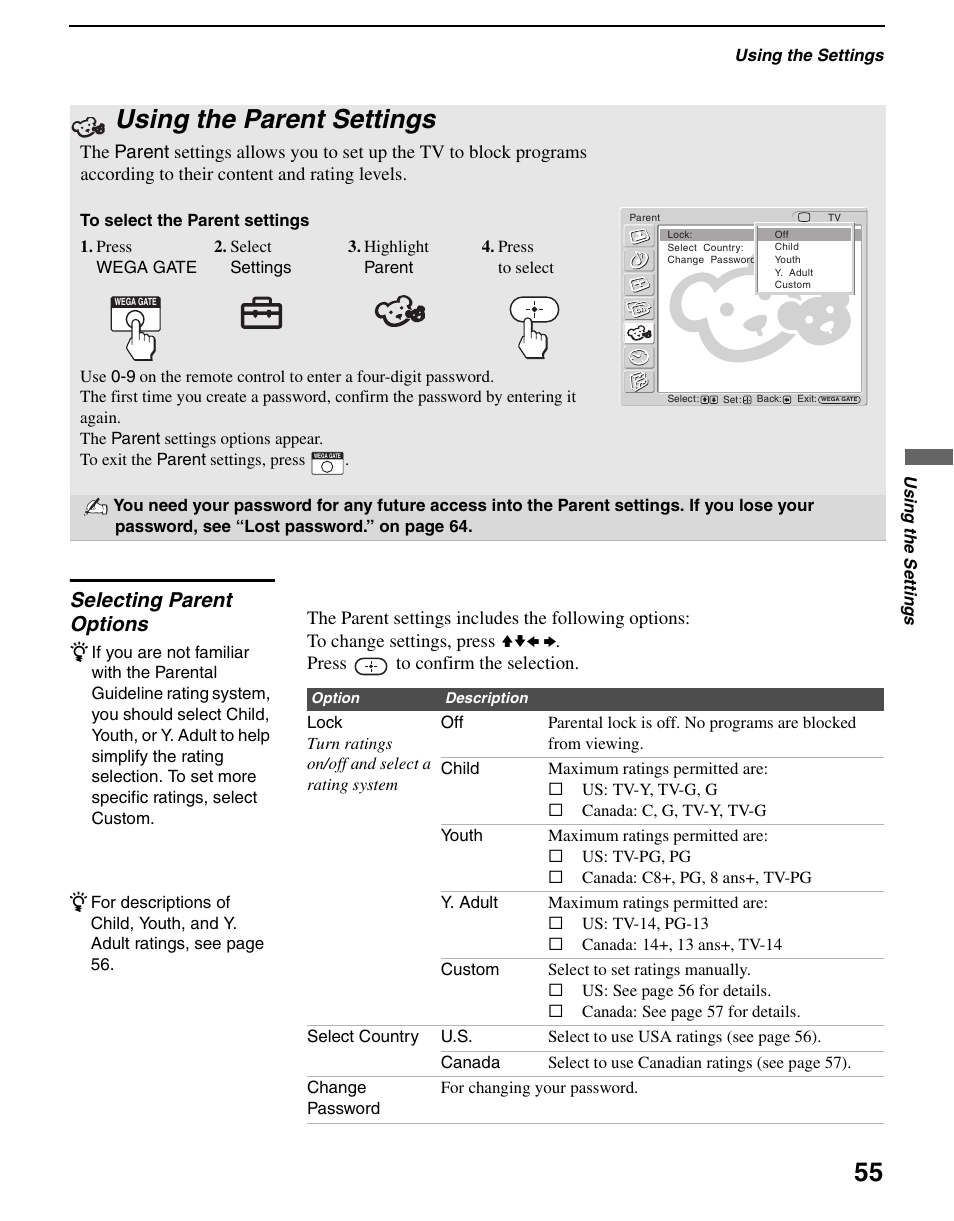 Using the parent settings, Selecting parent options | Sony WEGA KLV S23A10 User Manual | Page 55 / 68