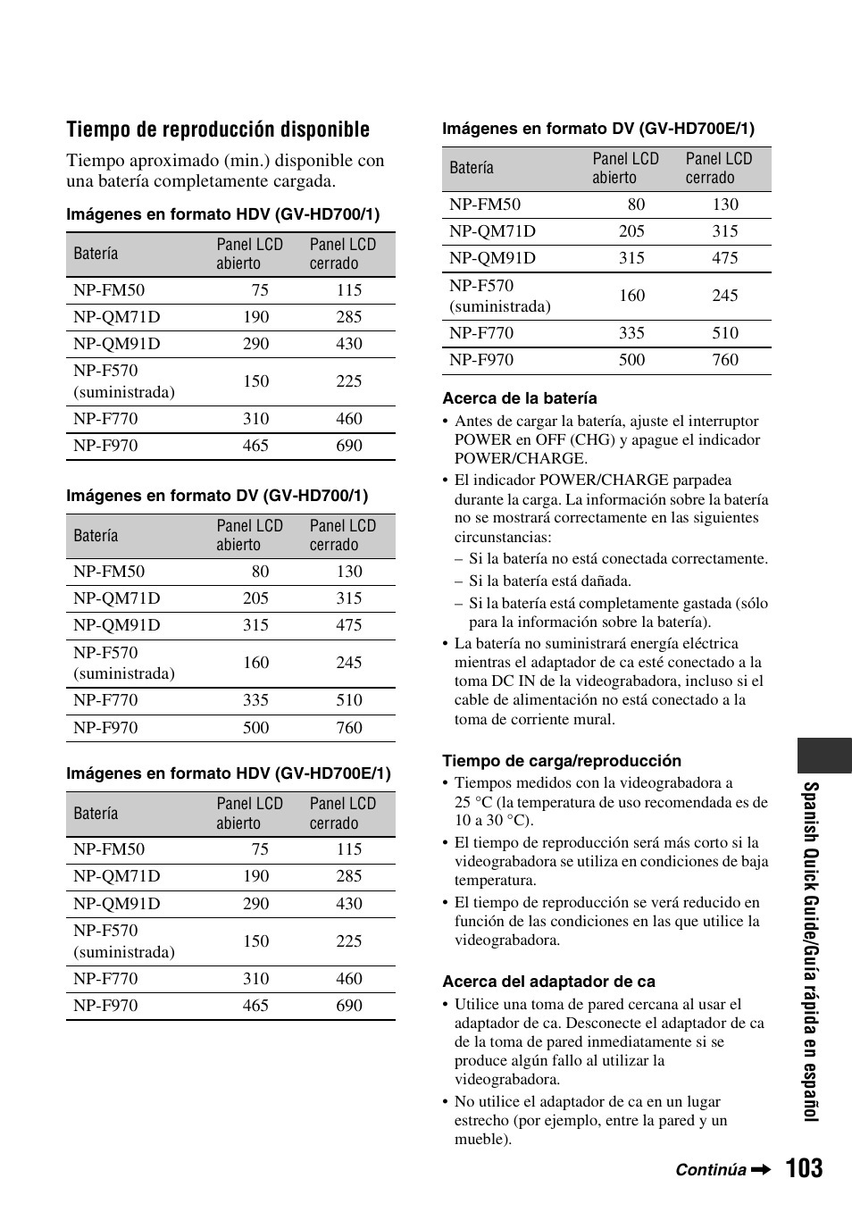Tiempo de reproducción disponible | Sony GV-HD700E User Manual | Page 103 / 112