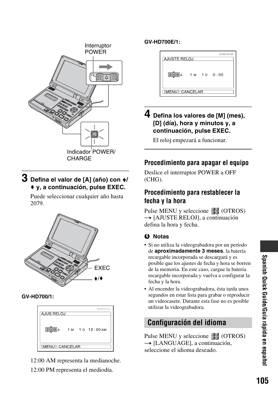 Configuración del idioma | Sony GV-HD700E User Manual | Page 105 / 112